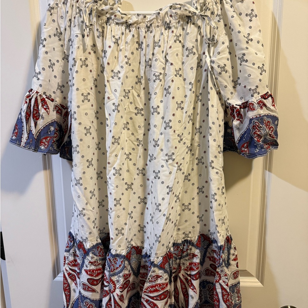 Bohemian Off-Shoulder Dress with Paisley Accents